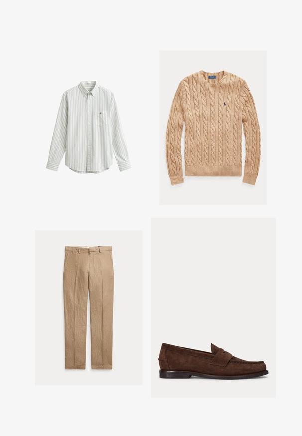 Pull beige en maille torsadée à col rond avec manches longues et petit logo bleu Polo Ralph Lauren sur la poitrine gauche.; Chemise blanche à manches longues avec fines rayures verticales grises et bleu clair, col boutonné, et poche poitrine avec petite broderie de logo.; Pantalon en lin beige à jambes droites avec passants pour ceinture, poches avant et fermeture éclair avant cachée.; Mocassin penny en daim marron avec un petit talon et des coutures visibles le long de l'orteil, du côté et à l'arrière, présenté sur un fond clair uni.