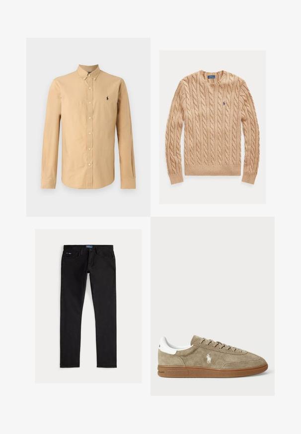 Beež kaablis kuni kaela kampsun pika varrukaga ning vasakul rinnal väike sinine Polo Ralph Laureni logo.; Kerged varrukatega nööbiga särk heleses puuvillas. Omab teravat kraed ja väikest musta logo vasakul rinnal. Sile tekstuur.; Mustad teksapüksid kitsama lõikega, millel on viis taskut, vööaugud ja sinine brändi silt vööpealsel. Sile ja vastupidav kangas.; Tammepunased sneakers, millel on valged aktsendid, ümmargune varvas ja nööridega disain. Omab rikka logot ja kummi tallat, mis tagavad hea haarde.