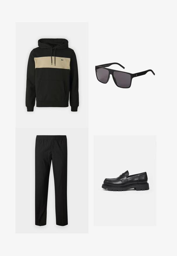 Sort hoodie med en beige vandret stripe og en kængurulomme. Har snoretræk og et lille grønt logo på brystet. Blødt stof.; Sorte bukser med lige ben og elastisk taljebånd, ingen synlige lommer eller pynt.; Sort læderloafer med tyk rillede sål og penny-remdetalje, vist i højre sideprofil på hvid baggrund.; Sorte rektangulære solbriller med mørke linser. Teksturerede sorte arme har en lille logo-detail. Moderne design med mat finish.