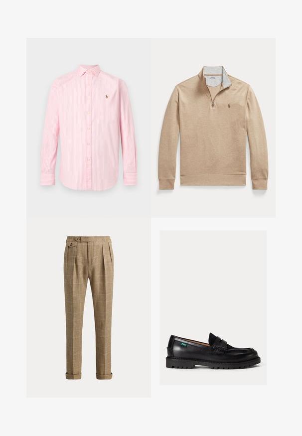 Pull beige avec fermeture éclair quart de haut, manches longues, poignets côtelés et petit logo brodé sur la poitrine gauche.; Chemise à manches longues à rayures verticales roses et blanches, avec col et petit logo brodé sur la poitrine gauche.; Pantalon à carreaux marron et beige avec plis, ourlets retroussés et une poche latérale boutonnée sur un fond neutre.; Mocassin en cuir noir avec semelle épaisse, bout arrondi et étiquette verte Polo sur le côté.