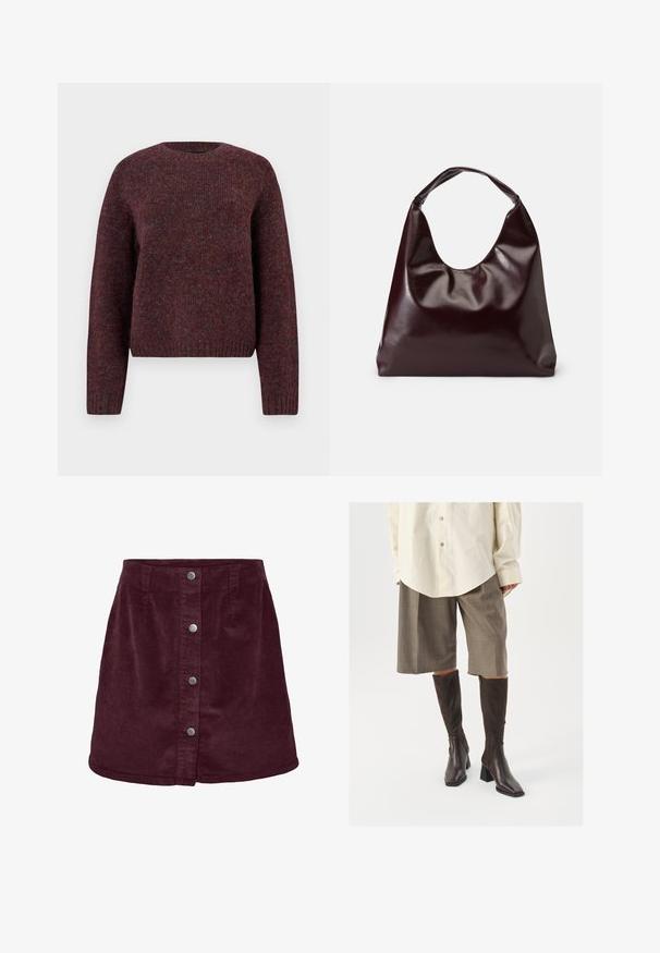 Pull en tricot bordeaux avec col rond, manches longues et ourlet côtelé. Texture douce avec des variations de couleur subtiles pour plus de profondeur.; Jupe mini en velours côtelé bordeaux avec une forme évasée, dotée de cinq boutons argentés sur le devant et d'une texture côtelée subtile.; Bottes marron hautes jusqu'au genou avec un bout carré et un talon bloc, associées à une chemise beige surdimensionnée et des culottes à carreaux marron.; Sac en cuir vegan bordeaux, brillant, avec une forme douce et sculpturale et une large poignée incurvée pour un transport facile.