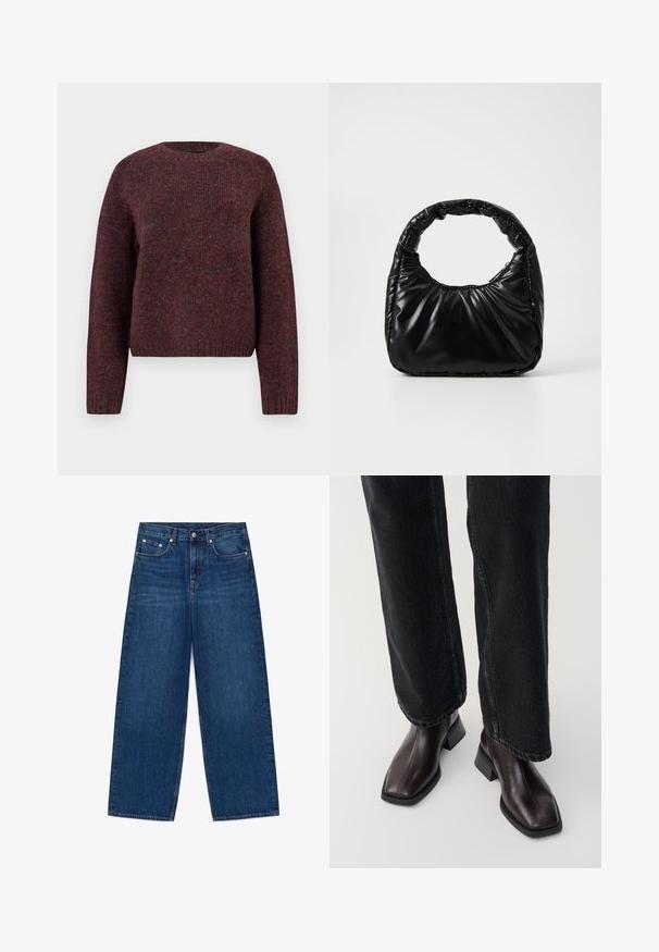 Pull en tricot bordeaux avec col rond, manches longues et ourlet côtelé. Texture douce avec des variations de couleur subtiles pour plus de profondeur.; Jean en denim bleu à jambes larges avec design cinq poches et fermeture par boutons, présenté à plat sur un fond blanc.; Bottines en cuir marron avec un orteil carré et un talon carré, associées à un jeans noir à jambes larges. Texture lisse et design minimaliste.; Sac à main noir rembourré avec une poignée arrondie, présentant une surface lisse et brillante ainsi qu'une texture douce et matelassée. Pas de quincaillerie ou d'accents visibles.
