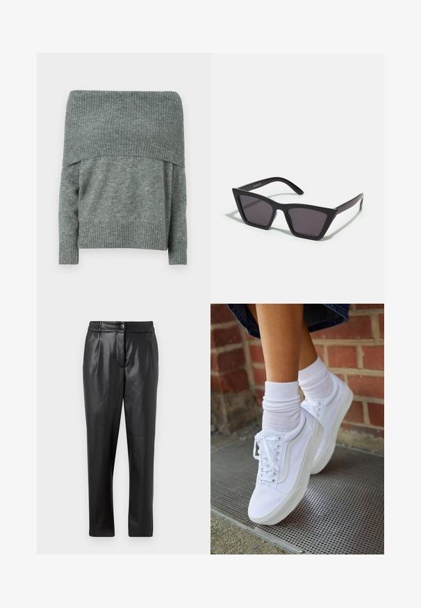 Pull à épaule dénudée en tricot gris chiné, avec une texture côtelée au niveau de l'encolure et des poignets, offrant une coupe décontractée et des manches longues.; Pantalons en cuir noir avec une texture lisse, coupe droite, taille élastique et fermeture à bouton à l'avant ; détails plissés et jambes fuselées.; Baskets en toile blanches avec semelles en caoutchouc, dotées de six œillets, d'un bout rond et de détails de couture légers, portées avec des chaussettes blanches mi-mollet.; Lunettes noires angulaires avec des verres gris ; fabriquées en plastique, avec des branches épaisses à la surface lisse et sans matériel visible.