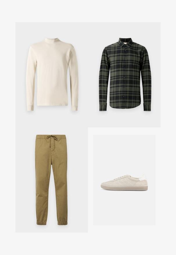 Langærmet creme turtleneck skjorte lavet af blødt bomuldsstof, med et tætsiddende design og ribbet halsudskæring med lige skårne kanter.; Langærmet skjorte i mørkegrøn og sort ternet mønster, lavet af flannel. Har en klassisk krave og sorte knapper.; Lysekhaki joggebukser med elastisk talje, justerbar snor, tætsiddende ben og elastiske manchetter. Glat, åndbart stof.; Beige ruskindssneaker med en tekstureret overdel, glat hvid hælkappe, tynde snørebånd og en gummi-ydersål. Har et lavt profil design.