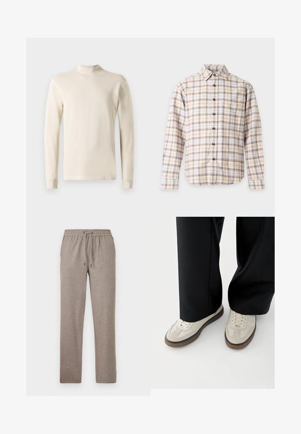 Langærmet creme turtleneck skjorte lavet af blødt bomuldsstof, med et tætsiddende design og ribbet halsudskæring med lige skårne kanter.; Langærmet skjorte med knapper og beige, hvidt og brunt ternet mønster på en flad lys baggrund.; Grå joggingbukser lavet af blødt stof, med elastisk talje og snøre samt lige ben.; Fødder iført beige sneakers med brune såler og sorte bukser med vide ben på hvid baggrund.