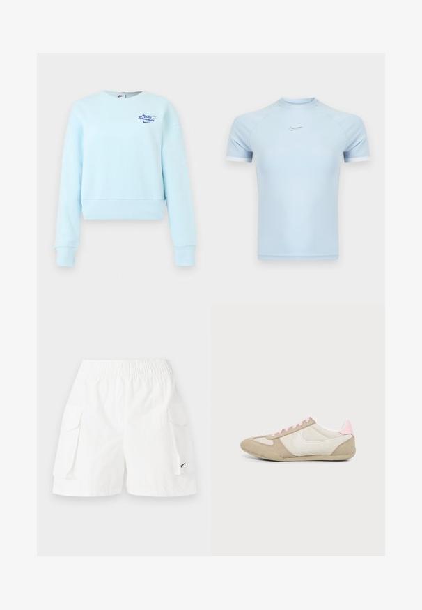 Sudadera corta de manga larga azul claro con puños y dobladillo acanalados, con pequeño texto y logo "Nike Summer" en el pecho.; Camiseta deportiva de manga corta de color azul claro hecha de tela suave. Presenta un cuello redondo y un sutil logo de Nike en el pecho, con detalles en blanco.; Bermudas blancas con una cinturilla elástica, dos bolsillos laterales y un pequeño logo negro en el lado inferior. Tela ligera, diseño casual.; Zapatilla beige y blanca con cordones rosas y detalle en el talón, con el logo blanco de Nike swoosh en el lateral, mostrada desde el interior.