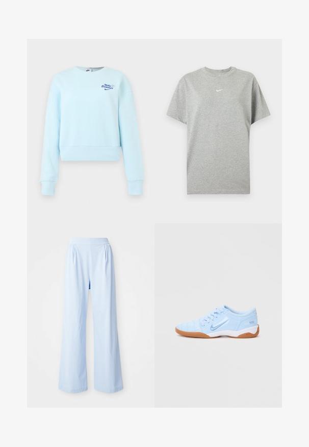 Lyseblå cropped sweatshirt med lange ærmer, ribstrikkede manchetter og kant, med lille "Nike Summer" tekst og logo på brystet.; Grå kortærmet bomuld T-shirt med rund hals og lille hvid Nike swoosh logo centreret på brystet.; Lyseblå bredbenede bukser med en glat tekstur, elastisk talje og plisserede detaljer på fronten. Fremstillet af et blødt stof.; Lyseblå sportsko med en glat syntetisk overdel, teksturerede accenter og en gummirubber sål. Har et logo på siden.