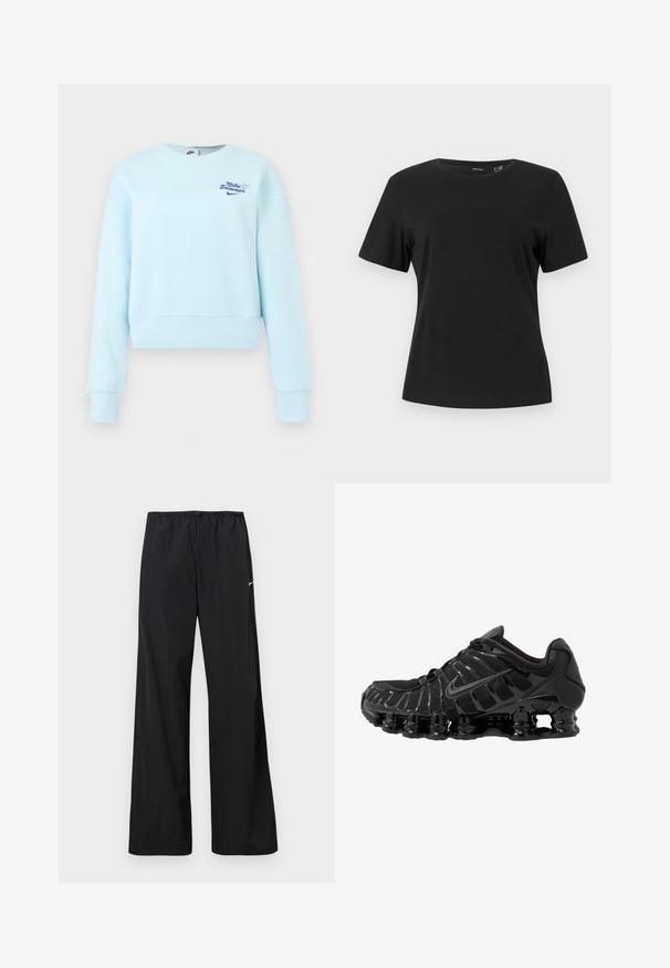 Lyseblå cropped sweatshirt med lange ærmer, ribstrikkede manchetter og kant, med lille "Nike Summer" tekst og logo på brystet.; Sort T-shirt med korte ærmer og rund hals, lige kant og glat, ensfarvet stof.; Sorte løstsiddende sportbukser med elastisk taljebånd og lille hvid Nike-swoosh på venstre lår, vist på en hvid baggrund.; Sort atletisk sko med mesh-overdel og glatte overlays. Har buet spiralbøsningsdæmpning og strukturerede linjer på siden. Nike-logoet er synligt.