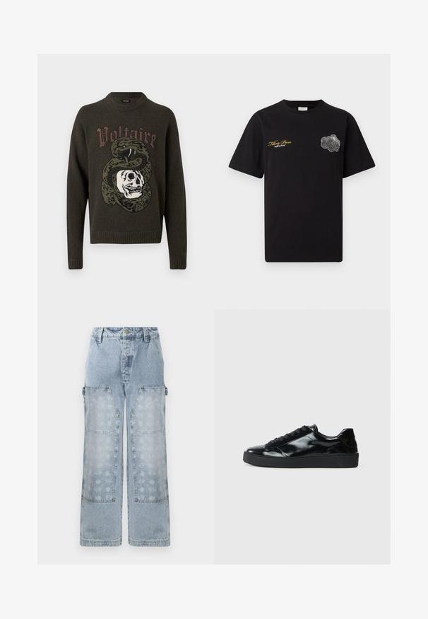 Donkergroene trui met een afbeelding van een opgerolde slang rond een schedel en het woord "Voltaire" boven het ontwerp.; Zwart T-shirt met korte mouwen, met gele tekst "Filling Pieces Breaking Bread" op de linkerborst en een witte draadmodel abstracte vorm op de rechterborst.; Lichtblauwe denim cargo broek met een wijde pasvorm, grote opgestikte zakken en een subtiele bloemenprint op de onderste panelen, afgewerkt met gouden hardware-accenten.; Zwarte gepatenteerde leren sneakers met een ronde neus, vetersluiting, een gestructureerde rubberen zool en een glanzende afwerking.