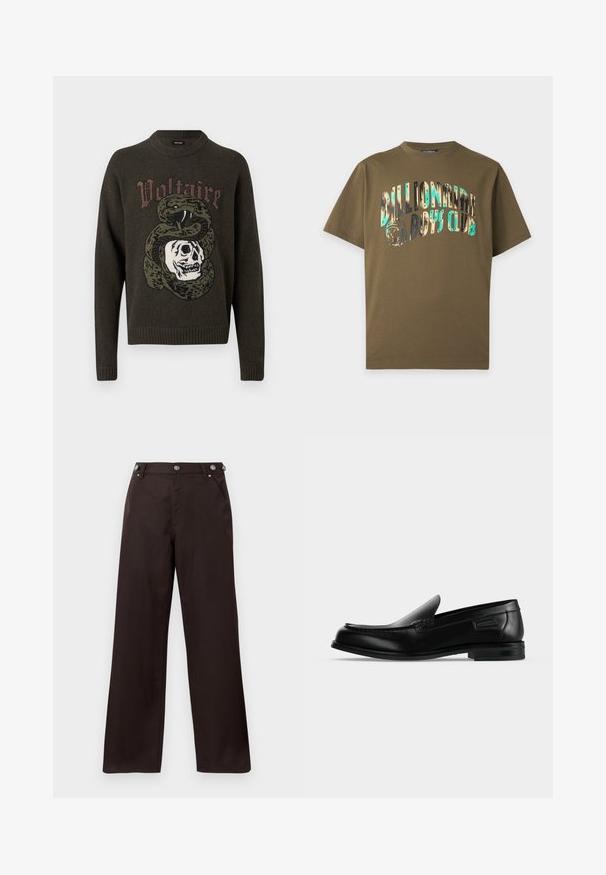 Mørkegrøn sweater med et billede af en snoet slange omkring en kranium og ordet "Voltaire" over designet.; Olivengrøn kortærmet t-shirt med teksten "Billionaire Boys Club" og grafik af astronaut-hjelm i reflekterende flerfarvet tryk foran.; Mørkebrune lige bukser med knapdetaljer på taljen og to forlommer, præsenteret på en hvid baggrund.; Sort læder slip-on loafer med lav hæl, rundet tå og dekorative syninger langs øverste kant.