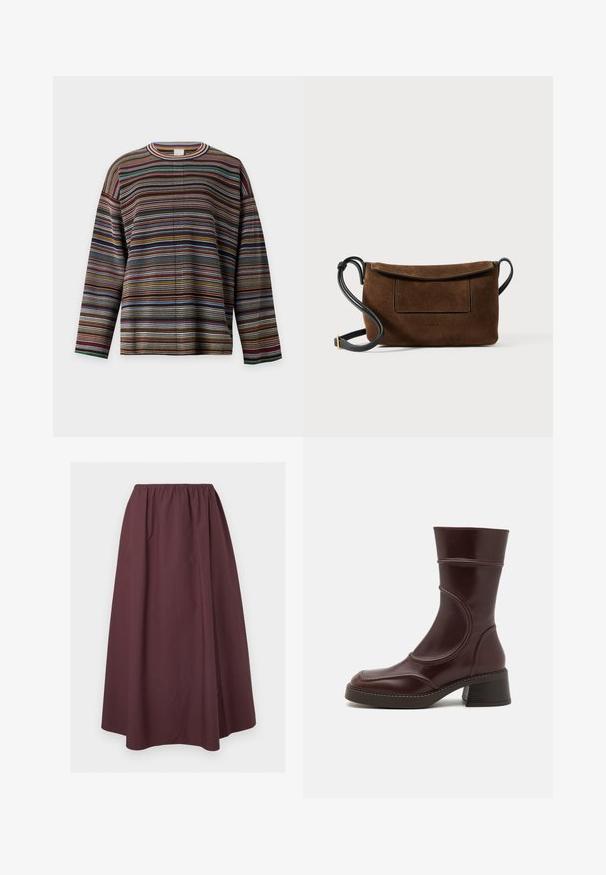 Gebreide trui met lange mouwen met meerkleurige horizontale strepen in verschillende tinten bruin, blauw, rood en groen, met een ronde hals.; Donker bordeaux, enkellange rok met geplooide elastische tailleband en subtiel naaddetail vlak bij de zoom, plat uitgestald op een lichte achtergrond.; MIISTA MALENE - Lage laarzen - brown; Bruine suède crossbodytas met een klepsluiting, zwarte leren band en een voorvak. Eenvoudig ontwerp met stikseldetails.