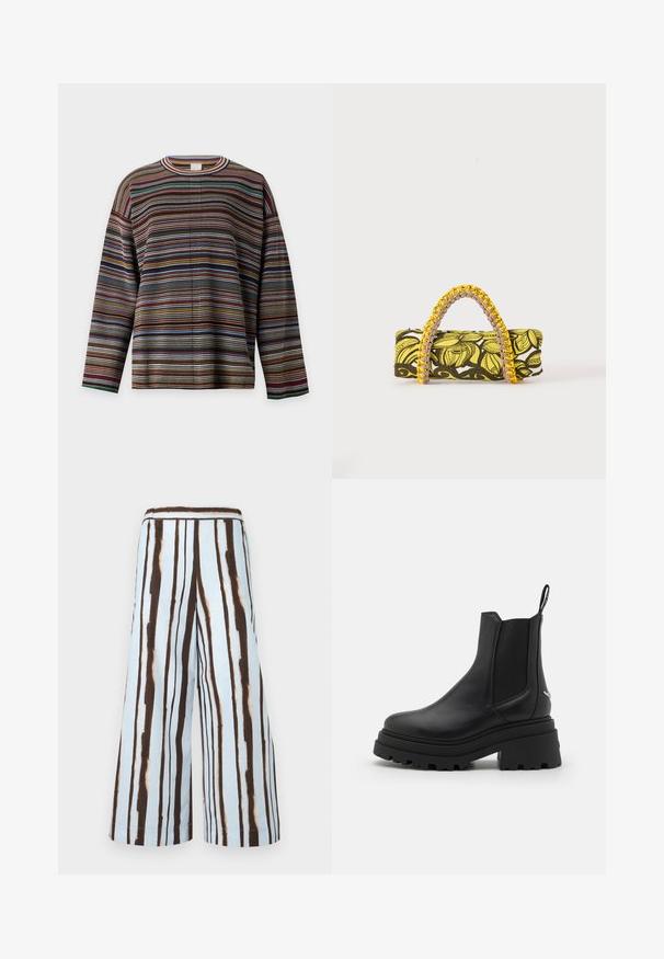 Langærmet strikket sweater med flerfarvede vandrette striber i nuancer af brun, blå, rød og grøn, med rund halsudskæring.; Bukser med vide ben med lodrette uregelmæssige brune og sorte striber på en lyseblå baggrund, med en figursyet linning.; Sorte chelsea støvler lavet af glat læder med elastiske sidepaneler, en tyk, rillede gummisål og en pull-tab bagpå.; Rektangulær taske med gult og sort blomsterprint og flettet gul og pink hank på hvid baggrund.