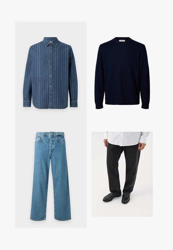 Pull bleu marine foncé à manches longues avec col rond et poignets et ourlet côtelés, présenté sur fond blanc.; Samsøe Samsøe SADAMON SHIRT - Chemise - denim; Jean large bleu clair en denim, avec une taille haute, des poches avant et une fermeture classique par bouton et fermeture éclair.; Pantalons en denim noir associés à des mocassins noirs brillants. La chemise est blanche avec de fines rayures verticales, avec des manches longues et un col boutonné.