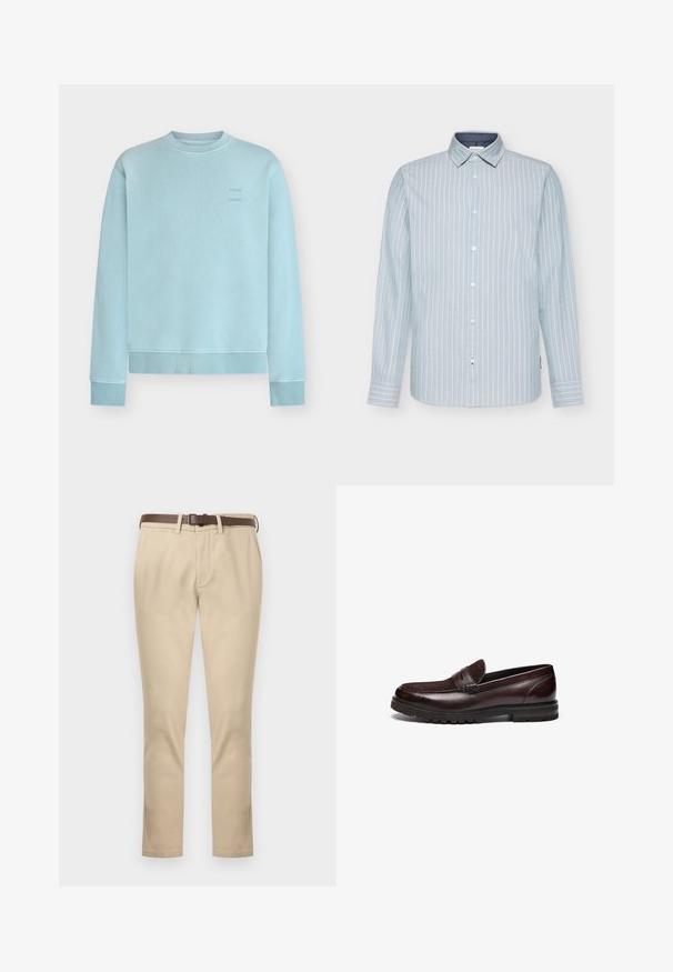 Sweatshirt bleu clair à col rond avec poignets et ourlet côtelés, avec un petit texte discret sur la partie supérieure de la poitrine.; Chemise à manches longues bleu clair avec des rayures verticales blanches, col boutonné et intérieur de col bleu marine contrastant. Tissu en coton doux.; Pantalon beige droit avec poches latérales, passants pour ceinture, braguette zippée et ceinture en cuir marron foncé sur fond blanc uni.; Mocassins en cuir marron avec un accent en daim, bout rond et semelle en caoutchouc texturé. Dotés de détails cousus et d'un léger talon.