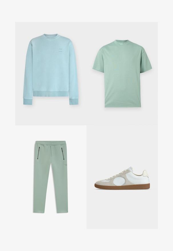 Light blue crewneck sweatshirt with ribbed cuffs and hem, featuring subtle small text on the upper chest.; Plain light green short-sleeve crew neck t-shirt with a relaxed fit displayed on a white background.; Light green tapered pants with black zipper pockets on front sides and elastic waistband.; Low-profile casual sneaker with white leather upper, light beige suede accents, round toe, white laces, and gum rubber sole.