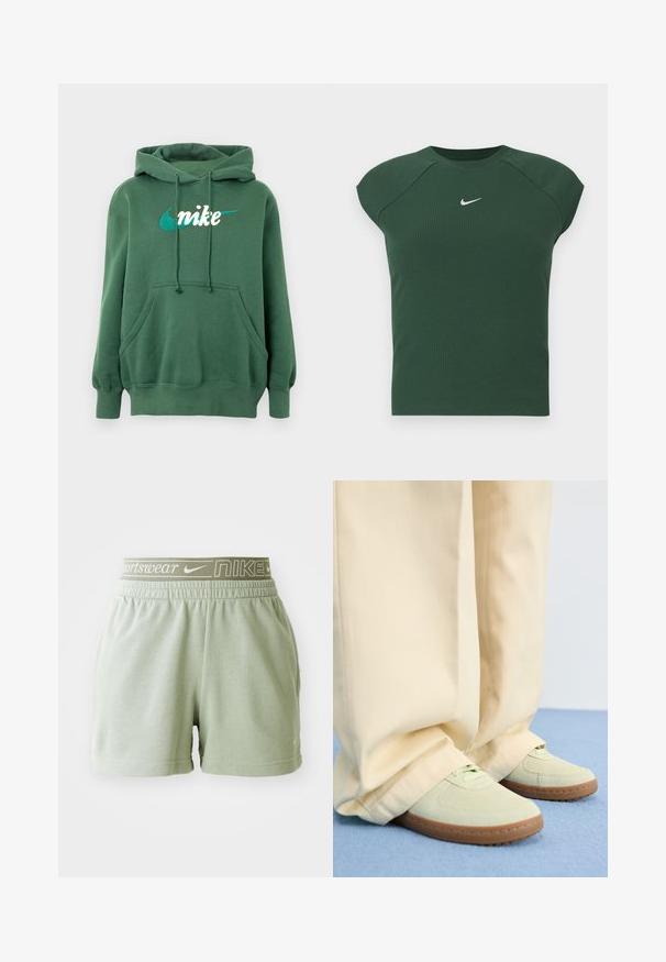 Vihreä huppari, joka on valmistettu puuvillasekoitteesta. Siinä on kengurutasku, resorit hihansuissa sekä edessä valko-turkoosi kirjailtu Nike-logo.; Tummanvihreä ribattua pintaa omaava lyhythihainen urheiluplussa, jossa on pyöreä pääntie ja rintaosassa pieni valkoinen Nike swoosh -logo.; Vaaleanvihreät puuvillashortsit, joissa on elastinen vyötärö ja valkoinen Nike-logo sekä "sportswear"-teksti. Pehmeä rakenne, löysä malli ja yksinkertainen muotoilu.; Vihreät mokkakengät pyöreillä kärjillä ja teksturoiduilla pohjilla, yhdistettynä leveisiin beigeihin housuihin, sinisellä pinnalla.
