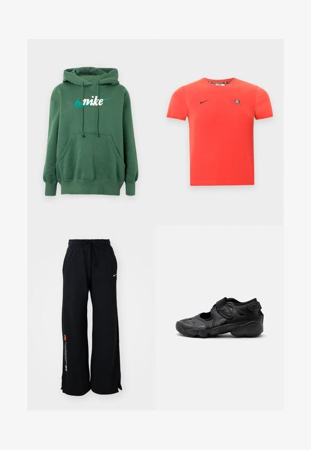 Sudadera verde con capucha de mezcla de algodón que presenta un bolsillo canguro, puños acanalados y un logo de Nike bordado en blanco y azul verdoso en el frente.; Camiseta de algodón roja con mangas cortas, con un logo negro de Nike y un pequeño parche de la marca en el pecho. Cuello redondo sencillo.; Pantalones deportivos negros de algodón, con cinturilla ajustable mediante cordón, aberturas en los costados del dobladillo y texto en contraste en naranja y blanco en una pierna.; Sandalia deportiva negra con puntera cerrada, correas de velcro en la parte media del pie y el talón, y suela gruesa acolchada con la marca "AIR" en el lateral.