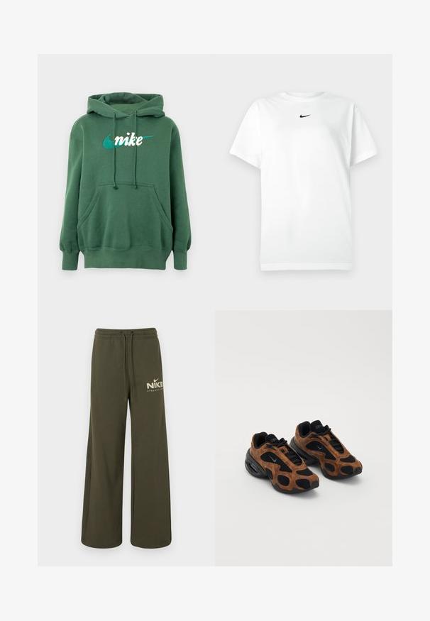 Groene hoodie van een katoenmix met een kangoeroezak, geribbelde manchetten en een geborduurd wit en turkoois Nike-logo op de voorkant.; Witte korte mouwen crew neck T-shirt met een klein zwart Nike swoosh-logo gecentreerd onder de ronde hals.; Olijfgroene sweatpants met wijde pijpen, elastische tailleband en trekkoorden, met wit "Nike Athletic Club"-logo op de linkerdij.; Bruine suède en zwarte gaas sneakers met een afgeronde vorm, met opvallende uitsparingen en een stevige zwarte zool.