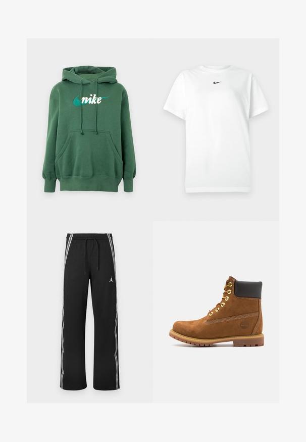 Grøn hættetrøje lavet af bomuldsblanding med en kængurulomme, ribbede manchetter og et broderet Nike-logo i hvidt og teal på fronten.; Hvid kortærmet T-shirt med rund hals, prydet med et lille sort Nike swoosh-logo centreret under halsudskæringen.; Sorte atletikbukser med hvide sidelister, elastisk taljebånd med snoretræk og en lille Jumpman-logo på højre lår.; Brun ruskinds ankelstøvle med sort polstret krave, gyldne øjer, snørebånd foran og gummisål med et struktureret mønster.