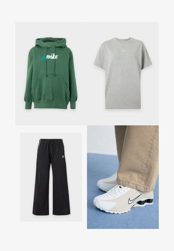 Grøn hættetrøje lavet af bomuldsblanding med en kængurulomme, ribbede manchetter og et broderet Nike-logo i hvidt og teal på fronten.; Grå kortærmet bomuld T-shirt med rund hals og lille hvid Nike swoosh logo centreret på brystet.; Sorte sweatpants lavet af blødt stof, med en elastisk talje og snøre, sidestriber og et lille logo på venstre front.; Hvide og beige Nike sneakers med perforeret design, sort swoosh-logo, tekstureret overdel og en karakteristisk fjederlignende sort hæl.