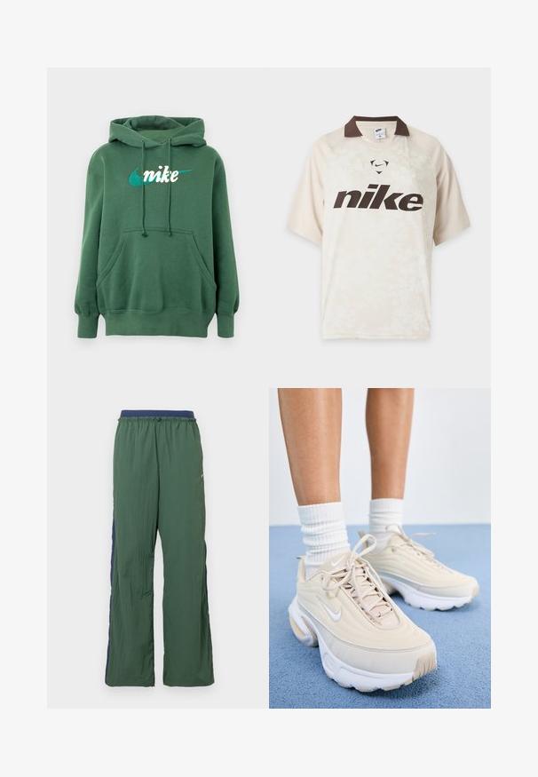 Zelená mikina s kapucňou z bavlnenej zmesi s klokanou kapsou, rebrovanými manžetami a vyšívaným bielym a tyrkysovým logom Nike na prednej strane.; Svetlo béžové tričko s krátkym rukávom značky Nike s tmavohnedým golierom a veľkým tmavohnedým logom Nike na prednej strane.; Zelené športové nohavice s širokými nohavicami, s tmavomodrým pásom a bočným panelom, vyrobené z ľahkej, textúrovanej látky.; Béžové športové topánky s textúrovaným zvrškom, bielymi šnúrkami a hrubou bielou podrážkou. Dizajn obsahuje jemné krivky a malé logo.