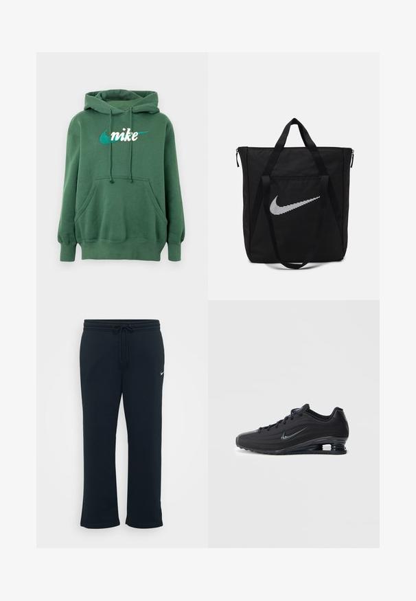 Sudadera verde con capucha de mezcla de algodón que presenta un bolsillo canguro, puños acanalados y un logo de Nike bordado en blanco y azul verdoso en el frente.; Pantalones de chándal negros con cintura elástica y cordón ajustable. Presenta un pequeño logo blanco de Nike en el lado izquierdo. Textura de tela suave.; Zapatillas Nike negras con parte superior texturizada, diseño elegante, cierre de cordones y unidad de aire visible en el talón. Detalle de marca minimalista.; Bolsa tote negra de nailon con dos asas resistentes y cierre de cremallera. Presenta un destacado logo de Nike en blanco con un diseño de rayas horizontales.