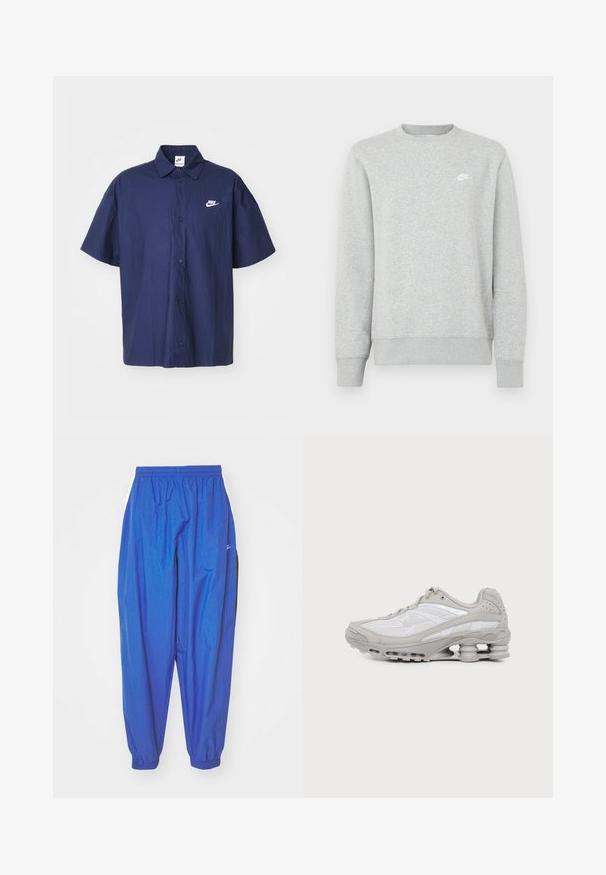 Grå sweatshirt lavet af blødt fleece-materiale, med ribstrikkede manchetter og kant, samt et lille hvidt Nike-logo på brystet.; Marineblå skjorte med korte ærmer, knaplukning og en krøllet tekstur samt et hvidt Nike-logo på venstre bryst. Har en standard krave og sorte knapper.; Blå sportsbukser lavet af letvægtsstof, med elastisk talje, opsmøgte ben og hvide sidelister.; Grå og hvid atletiksko med synlig luftpolstret sål og mesh-paneler, vist i profil på en ensartet lys baggrund.