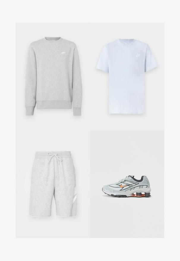 Hall hallipluus, mis on valmistatud pehmest fliismaterjalist, varustatud soonikkoes mansettide ja äärega ning väikese valge Nike logoga rinnal.; Hele sinine puuvillane t-särk lühikeste varrukatega, ümar kaelus ja valge Nike logo trükituna vasakul rinnal. Sile tekstuur, lihtne disain.; Meeste hallid spordilühikesed püksid, mis on valmistatud pehmest puuvillast, elastse vöökoha ja paelaga, küljetaskute ning valge logo detailiga.; Helehall jooksujalats mustade aksentide, oranži logoga, võrkkattega pealosa, pehmendatud krae ja kummist tallaga, millel on nähtavad lööke neelavad elemendid.