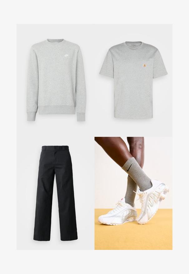 Sudadera gris hecha de un suave material de forro polar, con puños y dobladillo acanalados, y un pequeño logo blanco de Nike en el pecho.; Camiseta de algodón gris con mangas cortas y cuello redondo. Presenta un bolsillo en el pecho izquierdo y un pequeño logo de la marca en color naranja en el bolsillo.; Pantalones de pierna ancha negros hechos de algodón. Cuenta con cierre de botón, lazos para cinturón y bolsillos laterales. Textura suave con un corte ajustado.; Zapatillas Nike en blanco con detalles plateados, con paneles texturizados y perforaciones. Combinadas con calcetines grises acanalados, sobre un fondo amarillo.