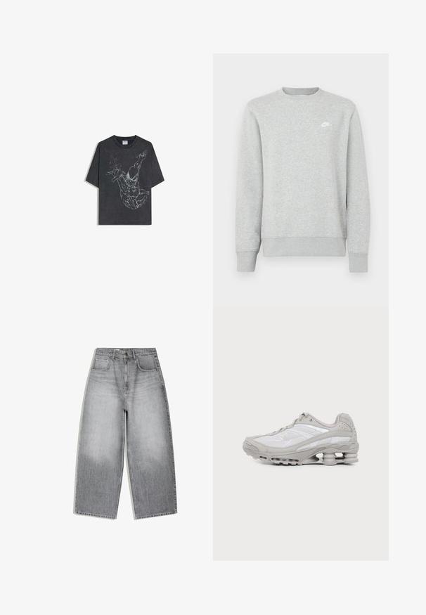 Grijze sweatvest gemaakt van zacht fleece materiaal, met geribde manchetten en zoom, en een klein wit Nike-logo op de borst.; Zwart T-shirt met korte mouwen en een wit omrande afbeelding van Spider-Man in een dynamische zwaaiende houding op de voorkant.; Grijze denim jeans met hoge taille en wijde pijpen, voorzakken en knoopsluiting, plat weergegeven op een witte achtergrond.; Grijze en witte sportschoen met zichtbare luchtkussenzool en meshpanelen, in profiel weergegeven op een eenvoudige lichte achtergrond.