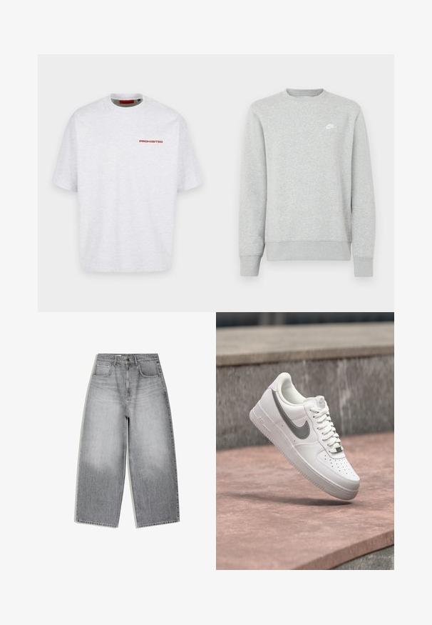 Sivá mikina z mäkkého fleecového materiálu, s rebrovanými manžetami a lemom, s malým bielym logom Nike na hrudi.; Jednoduché biele tričko s okrúhlym výstrihom a krátkymi rukávmi s malým červeným nápisom „PROHIBITED“ v hornej ľavej časti hrudníka.; Šedé džínsové nohavice s vysokým pásom, širokým strihom nohy, prednými vreckami a zapínaním na gombíky, zobrazené natiahnuté na bielom pozadí.; Biela teniska Nike Air Force 1 so sivým logom swoosh, ktorá visí nad kamenným povrchom a sivou kamennou stenou v pozadí.