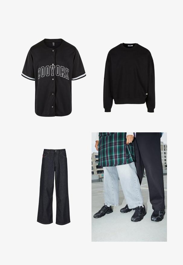 Sort sweatshirt med rund hals, drop shoulders og ribbede manchetter. Har et lille hvidt logo på den nederste venstre kant. Blødt materiale.; Sort kortærmet trøje med knaplukning, "ZOOYORK" trykt med fede hvide bogstaver, med kontraststriber i hvid på ærmerne.; Mørkeblå vidde jeans lavet af denim, med et klassisk design med fem lommer, kontrastsyning og en knapgylp.; Sorte atletik sko med mesh- og gummidetaljer. Båret med lysegrå vide jeans og en ternet grøn bluse. Flad overflade i baggrunden.