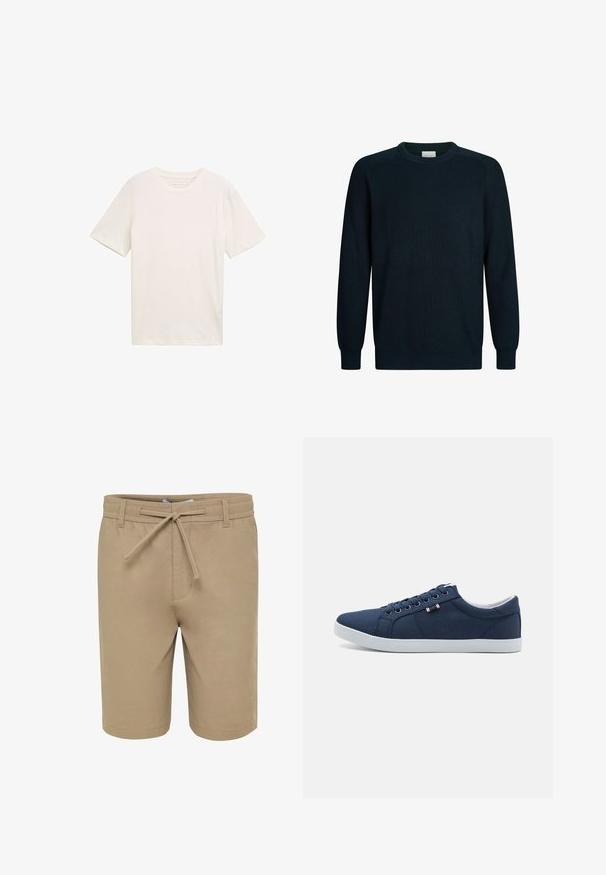 Marineblå strikket sweater med ribbet tekstur, rund halsudskæring og lange ærmer. Har diskrete sømme og en tætsiddende kant for et moderne udseende.; Kortærmet T-shirt med rund hals i off-white bomuld. Har en afslappet pasform med glat tekstur og ingen bemærkelsesværdige mønstre eller accenter.; Beige knælange shorts med elastisk talje, bæltestropper og en forreste snor bundet i en sløjfe.; Marineblå kanvas sneakers med hvide gummisåler, rund tå og seks par snørehuller. Har logo tag på siden.