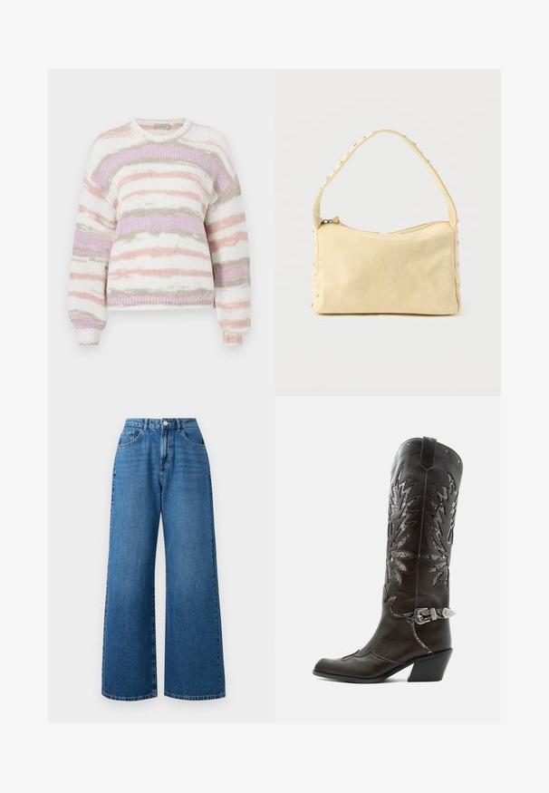Sveter zo soft knit materiálu, pruhovaný vzor v pastelných farbách ružovej, fialovej a béžovej, s okrúhlym výstrihom a rebrovanými manžetami.; Široké modré džíny s vysokým pásom, so štýlom piatich vreciek, predným zapínaním na gombík a jemným zosvetlením látky.; Čierna kožená kovbojská čižma s dekoratívnymi výrezmi, striebornou prackou a šikmým podpätkom, zobrazovaná na bielom pozadí.; Malá béžová kožená kabelka s jedným remienkom a striebornými cvokmi pozdĺž okrajov a remienka, na jednoduchom pozadí.