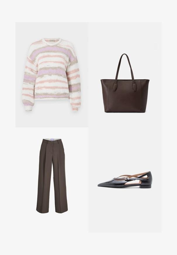 Sweater i blødt strikkemateriale, med stribet mønster i pastelfarverne lyserød, lilla og beige, rund halsudskæring og ribbede manchetter.; Brune vidde bukser med bæltestropper, frontlige folder og en skjult lukning foran.; Sorte flade lædersko med spids tå, åbne sider og en lille ankelrem med et sølvspænde som pynt.; Brun læder tote taske med to top hændler, rektangulær form, minimalistisk design og syning detalje langs kanterne.