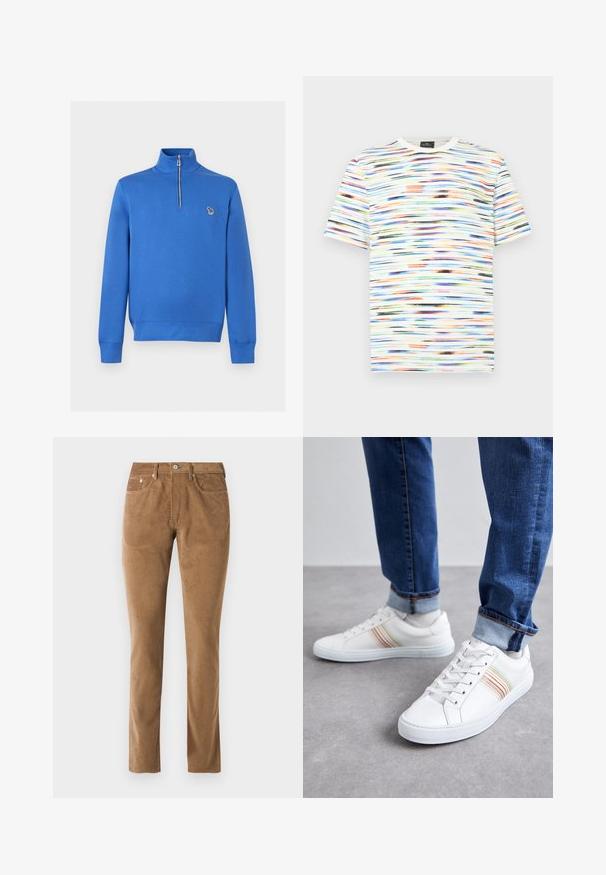 Blaues Sweatshirt mit langen Ärmeln, Viertel-Reißverschluss, Stehkragen und kleinem buntem Zebra-Patch auf der linken Brust.; Mehrfarbiges T-Shirt mit horizontalen Pinselstrichmustern in Blau-, Orange-, Grün- und Schwarztönen auf weißem Hintergrund. Kurze Ärmel.; Braune Cordhosen mit taillierter Passform, ausgestattet mit fünf Taschen, einem Knopfverschluss und genähten Details entlang der Nähte.; Weiße Leder-Sneaker mit mehrfarbigen Streifen, Schnürdesign, Gummisohle und gepolstertem Kragen, kombiniert mit blauen Jeans.