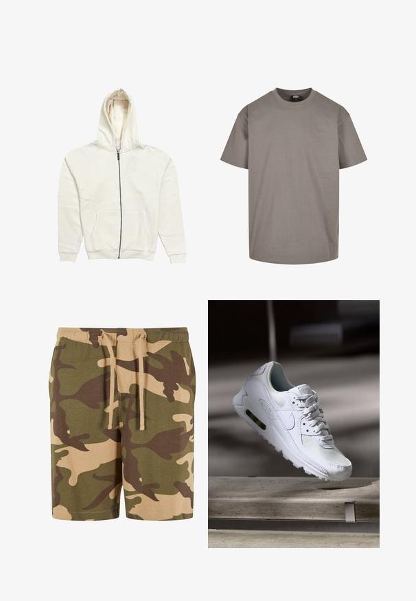 Hvid zip-up hoodie lavet af blødt stof, med hætte, forlommer og ribbede manchetter. Subtil branding på brystet.; Grå bomuld t-shirt med rund hals, korte ærmer og en afslappet pasform. Glat tekstur uden synlige mønstre eller accenter.; Kamuflage shorts i bomuldsblanding med grønne, brune og beige mønstre. Har en elastisk talje med snøre. Casual pasform og knælangt design.; Hvide Nike Air Max 90 sneakers med en overdel i mesh og læder, perforeret tåboks og en synlig luftenhed i hælen.