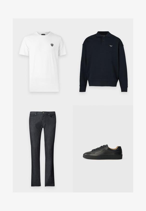 Sudadera azul marino con diseño de cuello, mangas largas, puños acanalados y un pequeño logo en el pecho izquierdo. Textura de tela suave.; Camiseta de algodón blanca con mangas cortas, que presenta un pequeño logo negro en la parte izquierda del pecho. Diseño clásico de cuello redondo.; Pantalones vaqueros de mezclilla oscura con corte recto, que cuentan con bolsillos frontales y traseros, cierre con botón metálico y detalles de costura sutiles.; Zapatilla negra de cuero de caña baja con superficie texturizada, cordones negros y suela de goma gruesa, mostrada de lado sobre un fondo claro.