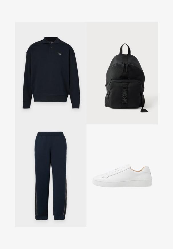 Marineblå sweatshirt med krave, lange ærmer, ribstrikkede manchetter og et lille logo på venstre bryst. Blød stoftekstur.; Marineblå sweatpants med en blød tekstur, snævre manchetter og mesh-sider. Elastisk talje for komfort og casual pasform.; Hvide lædersneakers med en glat overflade, afrundet tå, flad snørebåndsdesign og en tyk gummisål med et struktureret grebmønster.; Sort Moschino rygsæk med topgreb, lynlåslomme foran og synligt logo på stroppen på frontlommen mod en ensartet lys baggrund.