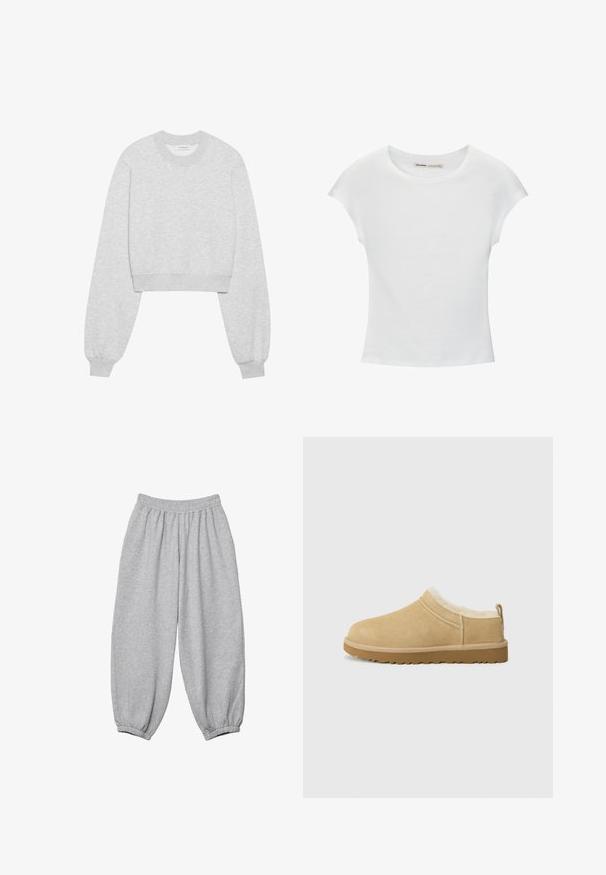 Sweatshirt cropped en tissu gris clair, avec des manches longues, un col rond, des poignets côtelés et une texture subtile.; T-shirt en coton blanc avec manches courtes retroussées, encolure ronde et ourlet droit. Texture lisse sans motifs ni accents visibles.; Pantalons de survêtement gris en tissu doux, avec une taille élastique et des poignets fuselés pour un ajustement décontracté. Sans poches externes.; Chaussure en daim à enfiler de couleur beige clair, dotée d'une douce doublure en fourrure et d'une semelle en caoutchouc texturé avec un léger talon et une sangle à l'arrière pour un enfilage facile.