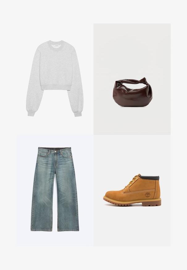 Sweatshirt cropped en tissu gris clair, avec des manches longues, un col rond, des poignets côtelés et une texture subtile.; Jean bleu à jambes larges avec poches avant, passants de ceinture, fermeture par boutons et détails subtils d’usure sur les cuisses et les genoux.; Bottine en suede tan avec col rembourré noir, œillets jaunes et semelle en caoutchouc texturé. Présente un logo imprimé sur le côté.; Sac bandoulière en cuir marron foncé avec une forme souple et décontractée et une anse nouée torsadée sur un fond blanc uni.