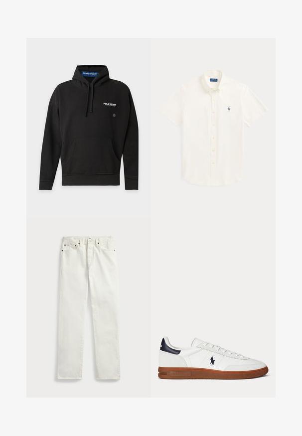 Čierna športová mikina Polo s predným vreckom, šnúrkovou kapucňou a bielym logom na hrudi a vo vnútri goliera.; Polo Ralph Lauren CUSTOM FIT STRETCH POPLIN SHIRT - Košeľa - white; Biele džínsové nohavice so strižením rovného strihu, s piatimi vreckami, kovovými gombíkmi a švovými akcentmi. Hladká textúra.; Biela nízka teniska s hnedou podrážkou, čiernym záplatou na päte, vyšitým logom hráča póla a bielymi šnúrkami.