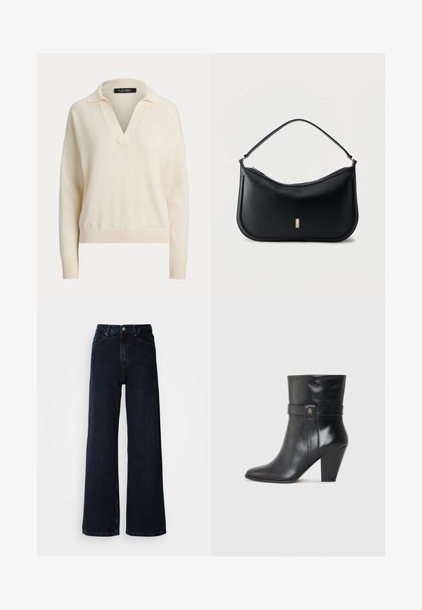 Kreemikas pikkade varrukatega kootud kampsun laia V-kaelusega ning soonikkoes varrukaotste ja äärega, kaubamärgiga Lauren Ralph Lauren.; Tumed sinised laiad teksad, millel on kõrge vöökoht, nupulukk, esikotid ja sile denimitekstuur.; Tommy Hilfiger Kõrge kontsaga poolsaapad - black; Mustast nahast õlakott ühes rihmas, minimalistliku disainiga, kaardus põhjaga ja väikese kulla värvi ristkülikukujulise logoplaadiga ees.