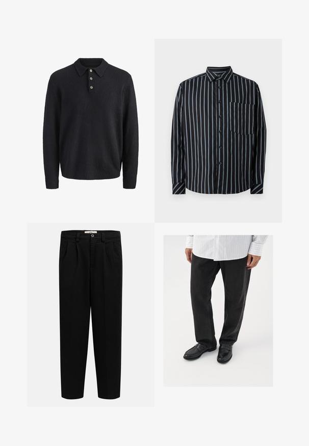 Suéter de punto azul marino oscuro de manga larga con cuello y tres botones en la tapeta frontal.; Camisa negra de botones con rayas verticales azules, mangas largas, cuello y un bolsillo en el pecho. Tela suave, corte relajado, botones estándar.; Pantalones negros de talle alto y pierna recta con trabillas para cinturón, pinzas delanteras, bolsillos laterales y cierre de botón en la cintura.; Pantalones de mezclilla negros combinados con mocasines negros brillantes. La camisa es blanca con finas rayas verticales, de mangas largas y con cuello abotonado.