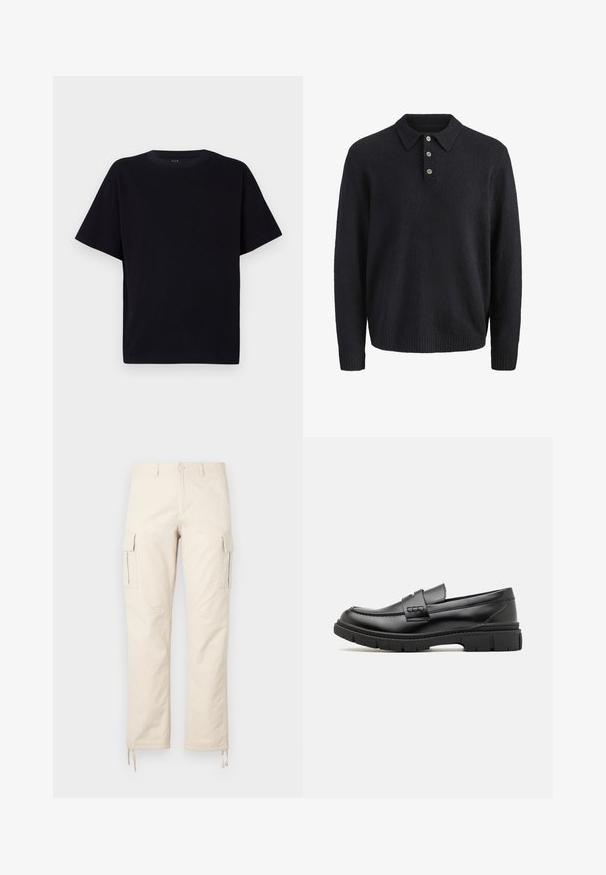 Mørkeblå langærmet strikket sweater med krave og tre knapper ned foran.; Sort kortærmet t-shirt med rund halsudskæring. Fremstillet af blødt stof, med en afslappet pasform og uden synlige mønstre eller detaljer.; Beige cargo bukser lavet af bomuldsblanding. Funktioner inkluderer to sidelommer, en lige ben design og justerbare snore i kanten.; Sort læder loafersko med en bred rem over forfoden, gummisål med tykke mønstre og glat overflade. Klassisk, slankt design.