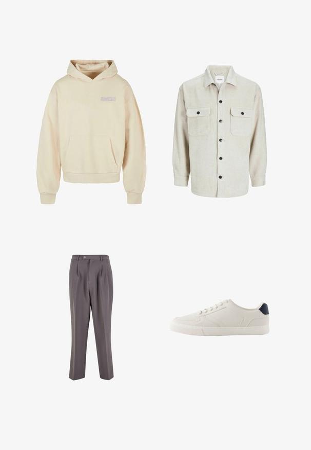 Cremefarvet hættetrøje med en frontlomme, snøre i hætten og ribbede håndled. Har "móónérö" trykt i lys lilla. Blanding af bomuldsstof.; Beige flannel skjorte med krave, der har to brystlommer, sorte knapper og lange ærmer med knapmanchetter.; Grå plisserede bukser lavet af glat stof, med lige ben-design, en enkelt knaplukning og skrå sidelommer.; Hvid lavtop sneaker med tekstureret sål, snørelukning foran og mørk hælflig på hvid baggrund.
