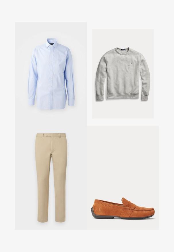 helehall hall soonikujuline dressipluus pikkade varrukatega ja väikese Polo Ralph Lauren tikandiga vasakul rinnal.; Hele helesinine triibuline nööpidekaan küljes, klassikalise krae, pikad varrukad ja väike logo vasakus rinnas.; Beezikadest puuvillased püksid sirge lõikega, millel on vöörihmade aukud, lapitekinne ja kohandatud äärised. Sile tekstuur ja minimaalne detailide jagamine.; Meeste pruun seemisnahast loafer õmblusedetailidega, peal münditasku ja tumeda kummipõhjaga.