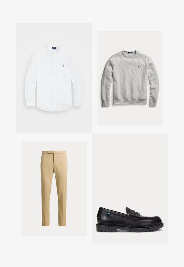 Lysegrå crewneck sweatshirt med lange ærmer og lille broderet Polo Ralph Lauren-logo på venstre bryst.; Hvid langærmet skjorte med båndkrave, knaplukning foran og et blåt logo på venstre side. Fremstillet af glat bomuldsstof.; Beige tætsiddende bukser med frontbøjle, bæltestropper og skjult frontlukning på en ensfarvet lys baggrund.; Sort læderloafer med tyk, mønstret sål og lille grøn "Polo"-mærke på ydersiden nær hælen.