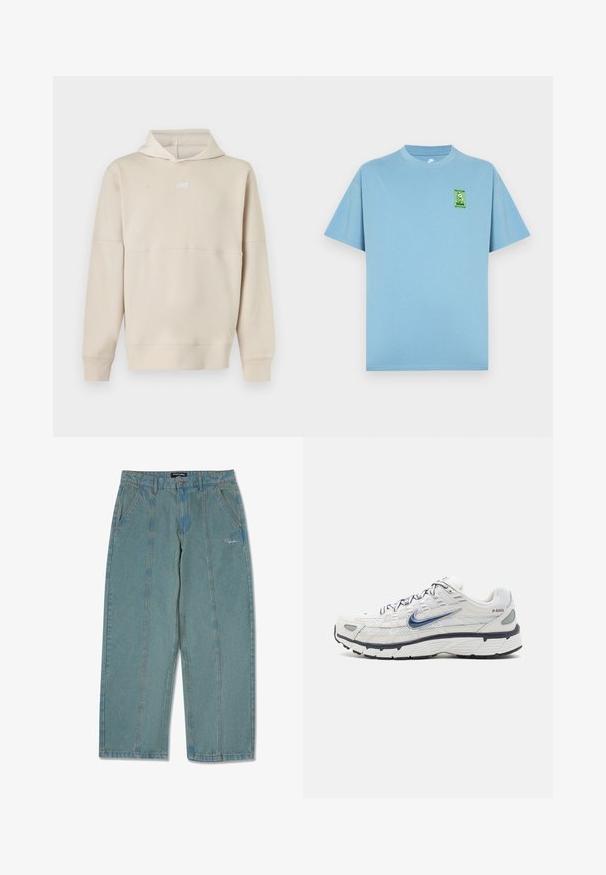 Beež Nike tuunika pikkade varrukate ja esiküljel oleva logoga, millel on kapuuts ning soonilised mansetid ja äär.; Helehall sinine puuvillane T-särk ümmarguse kaelusega ja lühikeste varrukatega, millel vasakul rinnal roheline koomiks-logo plaaster.; Heledad siniste värvi denimpüksid sirge lõikega, ees taskud ja peene tikandiga logo vöökoha lähedal.; Nike Sportswear P 6000 - Tossud - phantom/obsidian/summit white/white/black/metallic silver