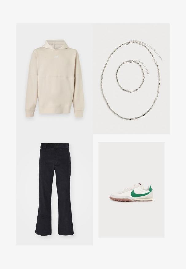Beiger Nike-Hoodie mit langen Ärmeln und Frontlogo, mit Kapuze und gerippten Bündchen an Ärmeln und Saum.; Schwarze Cordhosen mit lockerer Passform, klassischem Bund und weit geschnittenen Beinen, weicher Textur und ohne sichtbare Muster oder Akzente.; Weißer Sneaker mit niedrigem Schaft, grünem Nike Swoosh-Logo, weißen Schnürsenkeln und transparenter Gummisohle, von der Seite auf neutralem Hintergrund gesehen.; Silberne verdrehte Kettenhalskette und passendes Armband mit verstellbaren Verschlüssen, flach auf einem weißen Hintergrund ausgelegt.